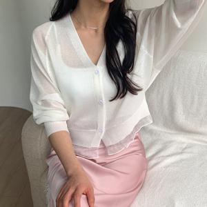 샵앤) 여성 V넥 밑단 레이스 여름 시스루 나그랑 긴팔 가디건 21DS-WCD-4444-블랙
