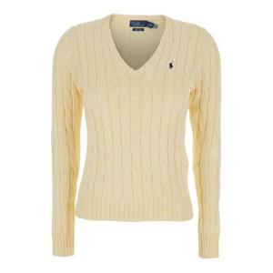 POLO RALPH LAUREN Beige Sweater with V Neck and Pony Embroidery on the Front in Cotton Woman 211891641009