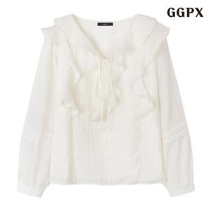GGPX 브이넥 끈 프릴 긴팔 블라우스 (GPCBA016D)