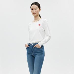 샵앤) 국산 여성 라운드 레드하트 긴팔 언발 면 티셔츠 DAI-WSH-20814-화이트