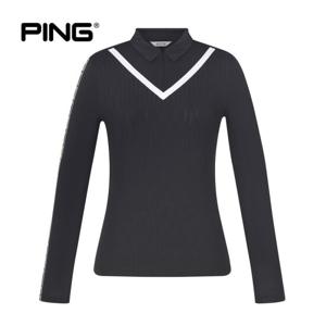 [PING] 여성 소재 믹스 V배색 카라 긴팔 티셔츠