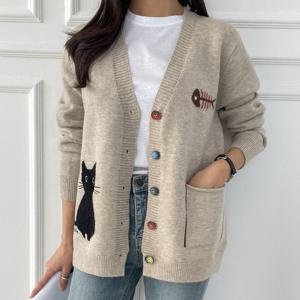 샵앤) 여성 앞포켓 고양이 Y단추 가디건 CAT-WCD-3837-레드