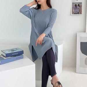 [샵앤]에임 국산 여성 라운드 봄 간절기 루즈핏 옆트임 8부 소매 주름 롱 티셔츠 BLE-WSH-2943-블랙