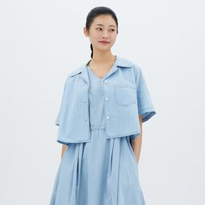 [랩](SET-상의)오픈 카라 데님 크랍 셔츠(AR2DB565)