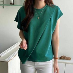 샵앤) 여성 사선 라운드넥 플리츠 언발소매 반팔 티셔츠 21DS-WSH-4254-화이트