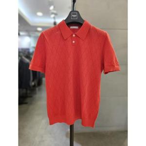 바쏘옴므 세이브존03 바쏘옴므 남자 여름 레드 아가일 펀칭 카라 반팔 니트 티 WSAGY2WT23A