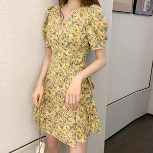 플라워패턴 랩원피스 스트링 A스커트라인 퍼프소매 여성원피스
