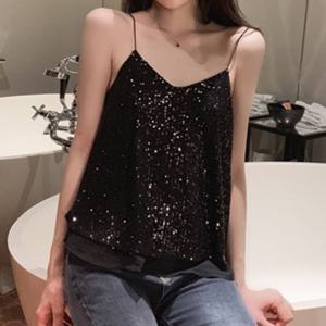 F007048이중쉬폰 스팽글 끈나시 민소매나시