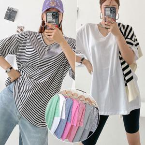 [비비드글램]랍빠 브이 박스티 8color 스트라이프 무지 루즈핏 반팔 티셔츠 레이어드 코튼100 (국내생산)