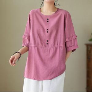 F007300_라운드 단추포인트 7부 린넨블라우스 티셔