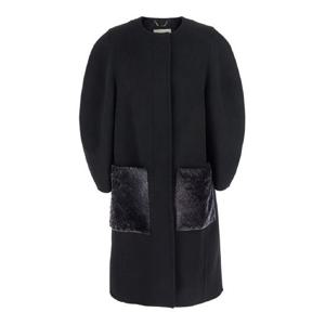 FENDI Black Crewneck Coat with Puffed Sleeves and Two Front Shearling Pockets in Wool Blend Woman FF6165A5HDF1FL8