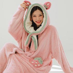 인조밍크 딸기숑숑 롱가운 극세사 겨울 수면잠옷