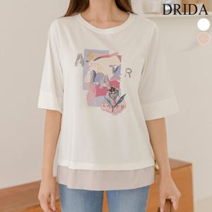드리다 여자 여름 프린팅 면 박스 빅사이즈 반팔 티셔츠 흰색 40-50대 미시 중년여성 캐주얼 등원 엄마옷