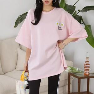 [삐까삐까]박스핏 플라워 반팔 나염 프린트 이너 라운드 롱 티셔츠