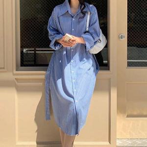 여름데일리룩 셔츠원피스 스트라이프 루즈핏 허리 스트링 롱원피스