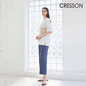 크레송 화이트 여성 우븐패치 디테일 롱티셔츠 C232B001A1_WH