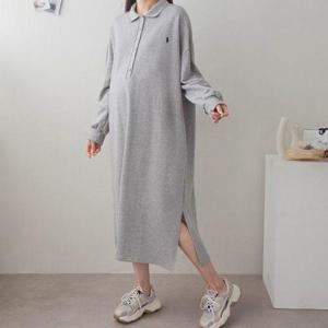[보리맘]긴 폴로 카라 단추 수유복 순면 수유 원피스 만삭 임부복 AN554