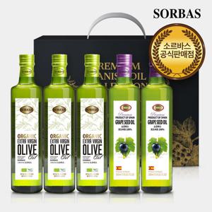 소르바스 유기농올리브유 500ml 3병 포도씨유 500ml 2병 오일선물세트