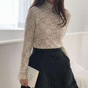 [다잇템]여자 레이스 롱슬리브 꽃무늬 하이넥 티셔츠