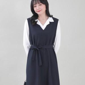 [애비뉴투지]엄마옷 브이 정장 허리벨트 여성 봄 가을 조끼 롱 원피스 K02526