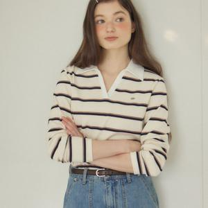 Stripe Open Collar Long-Sleeve T-shirt - Ivory [H25SP-TS04-IVO]