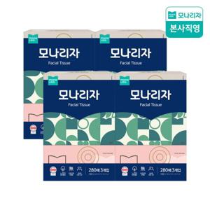 [모나리자] 천연펄프 피부 저자극 미용티슈 280매 3입 4팩 곽티슈 각티슈