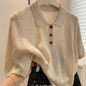 유아몽드 / 간절기 꽈배기 골지니트 반오픈 카라 반팔 니트 티셔츠/ 3color