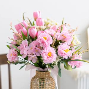 튤립 성묘 꽃다발 조화 핑크 37x47cm 납골당 산소 추모 장식 수목장 꾸미기