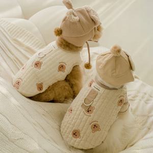 강아지 아기 곰돌이 양털 하네스 조끼 누빔 따뜻한 겨울 반려동물 옷