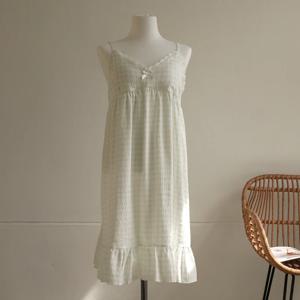 여성 소프트 셔링 체크 캡내장 브라캡 노브라 원피스 여름 민소매 나시 잠옷 홈웨어 파자마