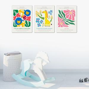 2237꽃밭속에 동물들-3개세트 /캔버스천 폼보드액자 우드노프레임 어린이집 아동방 슬림3종