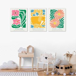 2240봄꽃과 아기코끼리-3개세트 /캔버스천 폼보드액자 우드노프레임 어린이집 아동방