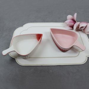 도자기 디저트/샐러드 접시 핑크 손잡이 삼각볼