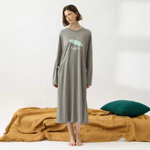 브레드 여성 홈웨어 원피스 잠옷 파자마 긴팔 그레이