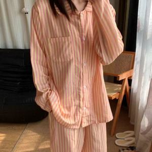 자몽 소다 스트라이프 사계절 긴팔 순면 잠옷 세트 1color