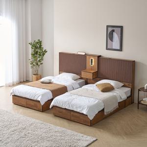 오브제 슬라이드 참죽원목 트윈 , 패밀리침대프레임 SS+조명협탁+SS