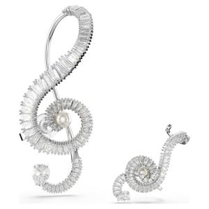 Ariana Grande x Swarovski 클립 이어링, 비대칭 디자인, 크리스털 펄, 바게트 컷, 화이트, 로듐 플래팅
