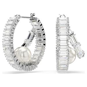 Ariana Grande x Swarovski 후프 이어링, 크리스털 펄, 바게트 컷, 화이트, 로듐 플래팅