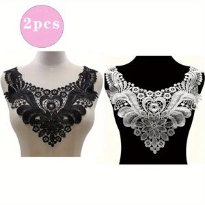 TEMU 2pcs 우아한 블랙 앤 화이트 레이스 자수 칼라 패치 - 드레스 및 공예용으로 사용되는 세밀한 꽃과 깃털 디자인, DIY 자수 액세서리, 폴리에스터 소재, 공예 자수 | 세밀한 레이스워크 | 세부적인 레이스 패턴, 레이스 소재