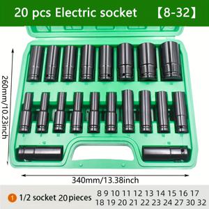 TEMU 20개 8-32mm 전동 렌치 소켓 헤드 연장 완전 세트, 공기포 소켓, 육각 손전기 드릴 공기 스크류 드라이버 소켓 세트