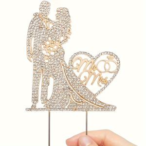 TEMU 1개 골든 웨딩 케이크 토퍼 - 신랑 & 신부 실루엣과 반짝이는 하트 디자인, 결혼식 및 기념일 축하에 완벽, 금속 재질, 전기 필요 없음, 웨딩 케이크 장식 | 우아한 웨딩 데코 | 메탈릭 마감, 할로윈, 크리스마스 이벤트 및 파티 용품을 위한 웨딩 케이크 토퍼