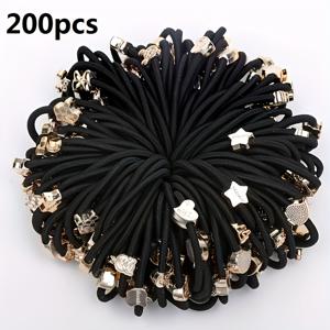 TEMU 200개 ' simples elastic headbands with sparkling glitter accents - 두꺼운 헤어 타이, 다기능 헤어웨어, 금색과 흰색 스파클링이 있는 검정색, 발렌타인데이 헤어 액세서리, 헤어 밴드, 내구성 있는 헤어 밴드