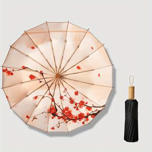 TEMU 16갈래 재활용 나무 손잡이 일본식 3단 접이식 우산 - 꽃무늬가 있는 수동 개폐형 자외선 차단 파라솔, 여성 및 남성용 컴팩트 여행용 우산, 비즈니스 & 캐주얼 사용, 야외 우산, 시각적으로 매력적인 디자인|양산