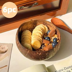 TEMU 6pcs 나무 그릇 세트 (스푼 6개 포함), 15oz 광택 코코넛 그릇, 천연 조개껍질 서빙 접시, 비건 유기농 샐러드용, 음식용 그릇, 샐러드 요리,서빙 보울,핸드메이드 룩,러스틱 식기,지속 가능한 소재,광택 마감,재사용 가능한 그릇,다용도 그릇,지속 가능한 생활,홈 셰프