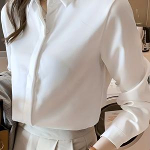 TEMU 여성용 폴리에스터 100% 긴 소매 블라우스, 단색, 스트레치되지 않는 직조 소재, 라펠 칼라, 플랙, 섹시한 스타일, 주름 방지, 봄/여름/가을용 전문 비즈니스 셔츠
