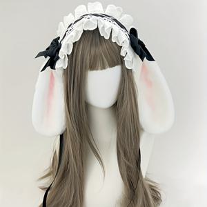 TEMU 1pc 귀여운 리본 토끼 귀 헤드밴드 - 애니메이션 코스프레 액세서리, 블랙 앤 화이트 레이스 디자인과 꽃 액센트, 무대 공연, мас카레이드 파티, 나이트클럽 이벤트에 완벽한 토끼 귀 헤드밴드