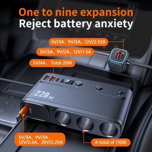 TEMU 9-in-1 228W 차량용 멀티 충전기, PD 포트 2개 (45W+35W) + USB 포트 4개 총 100W, Type-C 45W 고속 충전 케이블 수납 기능, 전압 표시, 스마트 안전 설계, 무선 기능 없음|멀티탭