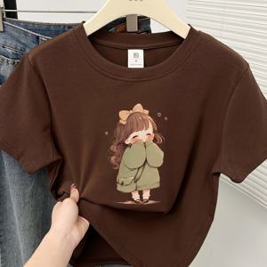 TEMU 여성용 슬림핏 풀숄더 크루넥 반팔 티셔츠 - 귀여운 애니메 프린트, 브라운 캐주얼 여름 상의, 일본 한국 스타일 패션, 세탁기 사용 가능, 편안한 소재, 포근한 핏