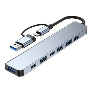 TEMU 7-in-1 고속 USB 3.0 허브, 타입-C 및 USB-A 포트 포함, SB 익스텐더 타입C 어댑터 차량용 충전기, 태블릿 및 PC 친화적, 5V 전원 공급, 휴대용 컴팩트 디자인, 노트북 USB 허브, 맥북 프로 에어 등 다양한 PC/노트북/태블릿 장치/전자 제품/컴퓨터 액세서리/퍼피럴 /포트 어댑터/알루미늄 합금 쉘