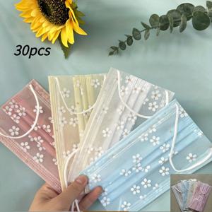 TEMU 여름용 더블 레이어 30개입 일회용 페이스 마스크, 가볍고 통기성 좋은 체리 블라썸 레이스 디자인, 편안한 탄력 있는 외출용